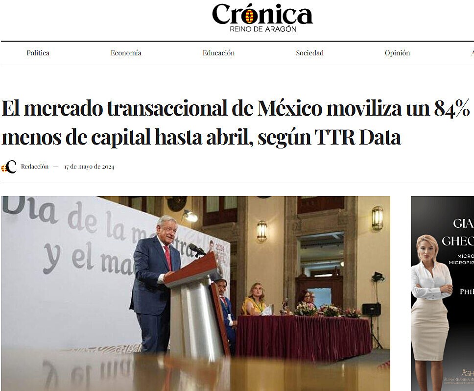 El mercado transaccional de Mxico moviliza un 84% menos de capital hasta abril, segn TTR Data